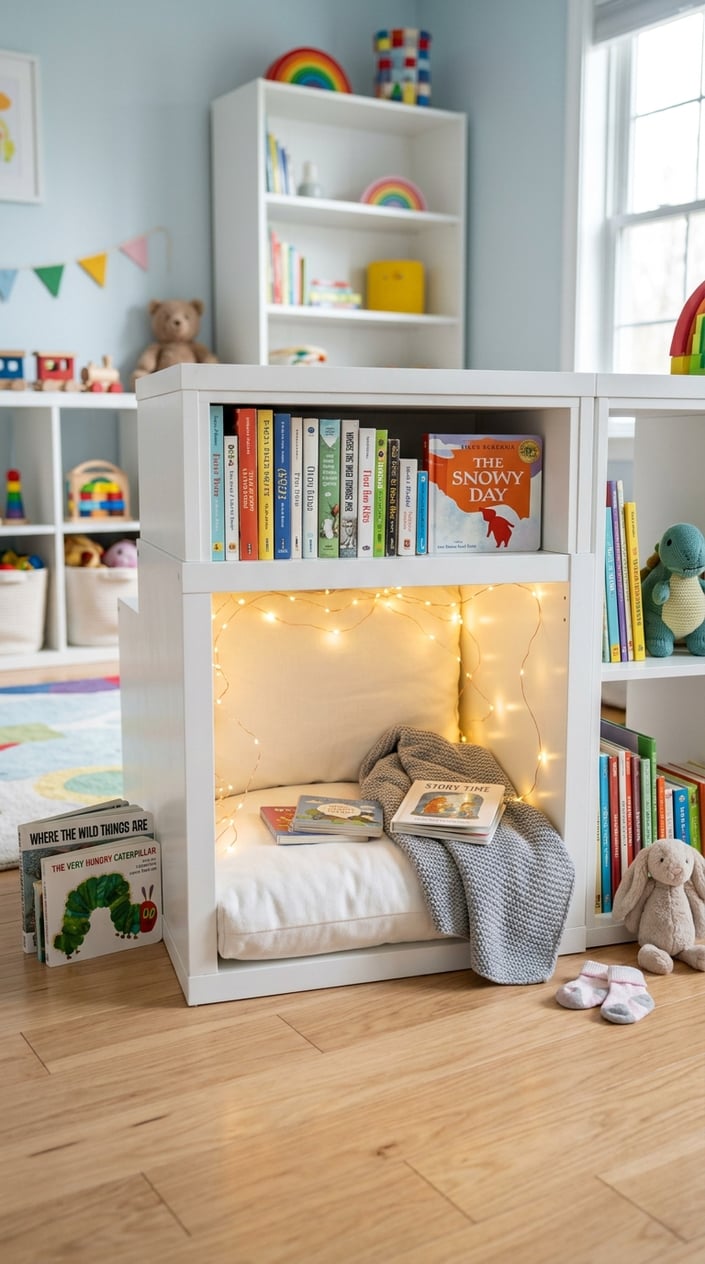 A cozy reading nook inside a cube shelf with a soft cushion and fairy lights in a children's room.