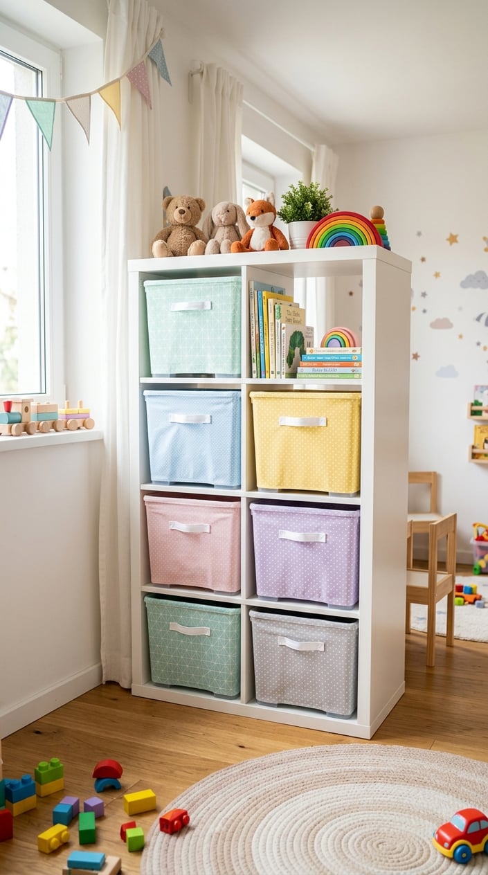 A children's room with a white shelving unit holding transparent storage boxes covered with colorful fabric, used as drawers, surrounded by toys and books.