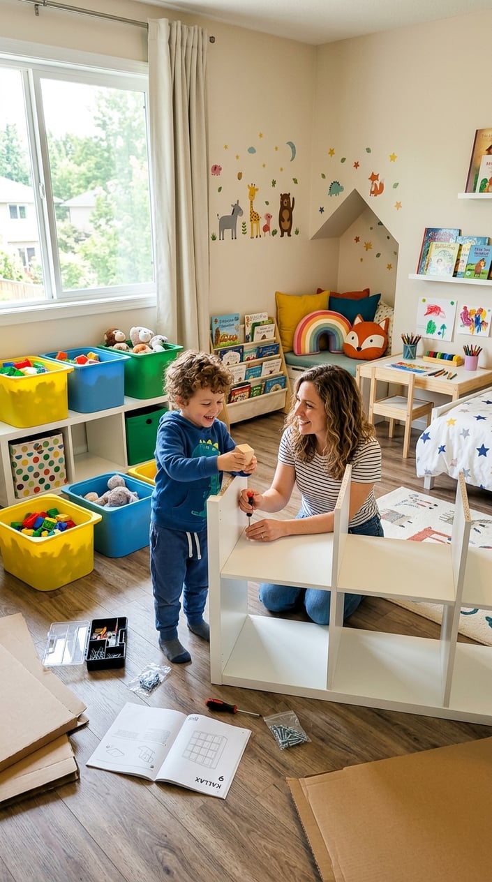 An adult and child assembling IKEA furniture in a bright children's bedroom filled with toys and colorful storage bins.