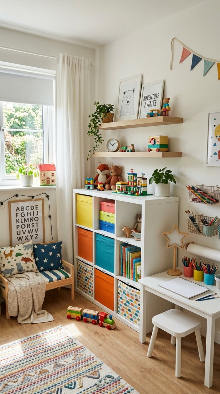 A children's room with a white Kallax shelf filled with colorful bins and toys, a small desk with craft supplies, and a cozy reading nook by a window.