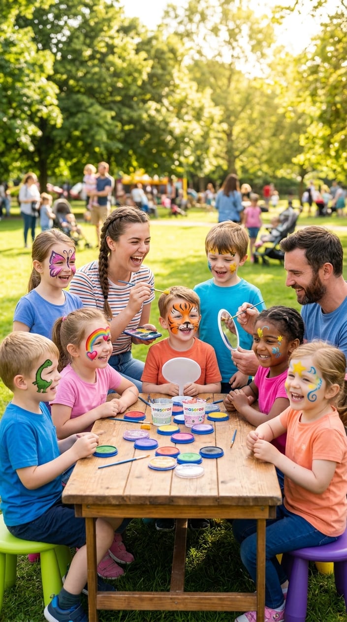 16 Easy Face Painting Ideas for Kids (That Don't Require a Set of Thirty Brushes) 2 Children with simple colorful face paint designs sitting around a table outdoors, smiling and enjoying face painting.