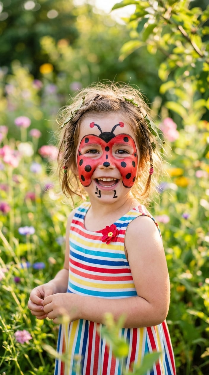 16 Easy Face Painting Ideas for Kids (That Don't Require a Set of Thirty Brushes) 3 A smiling child with a ladybug face painting outdoors surrounded by greenery and flowers.
