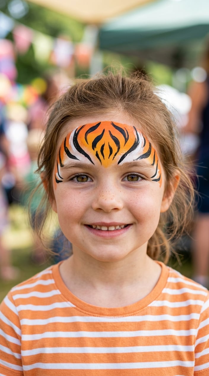 16 Easy Face Painting Ideas for Kids (That Don't Require a Set of Thirty Brushes) 4 Close-up of a child smiling with tiger stripe face paint on their forehead.