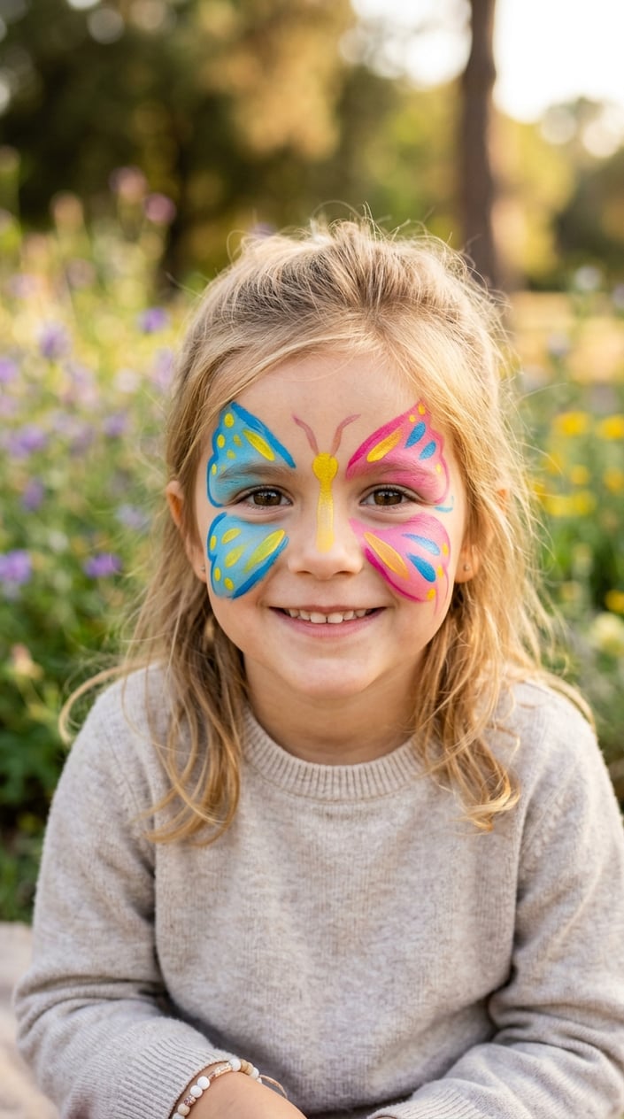 16 Easy Face Painting Ideas for Kids (That Don't Require a Set of Thirty Brushes) 5 A child smiling with colorful butterfly wings painted on their face.
