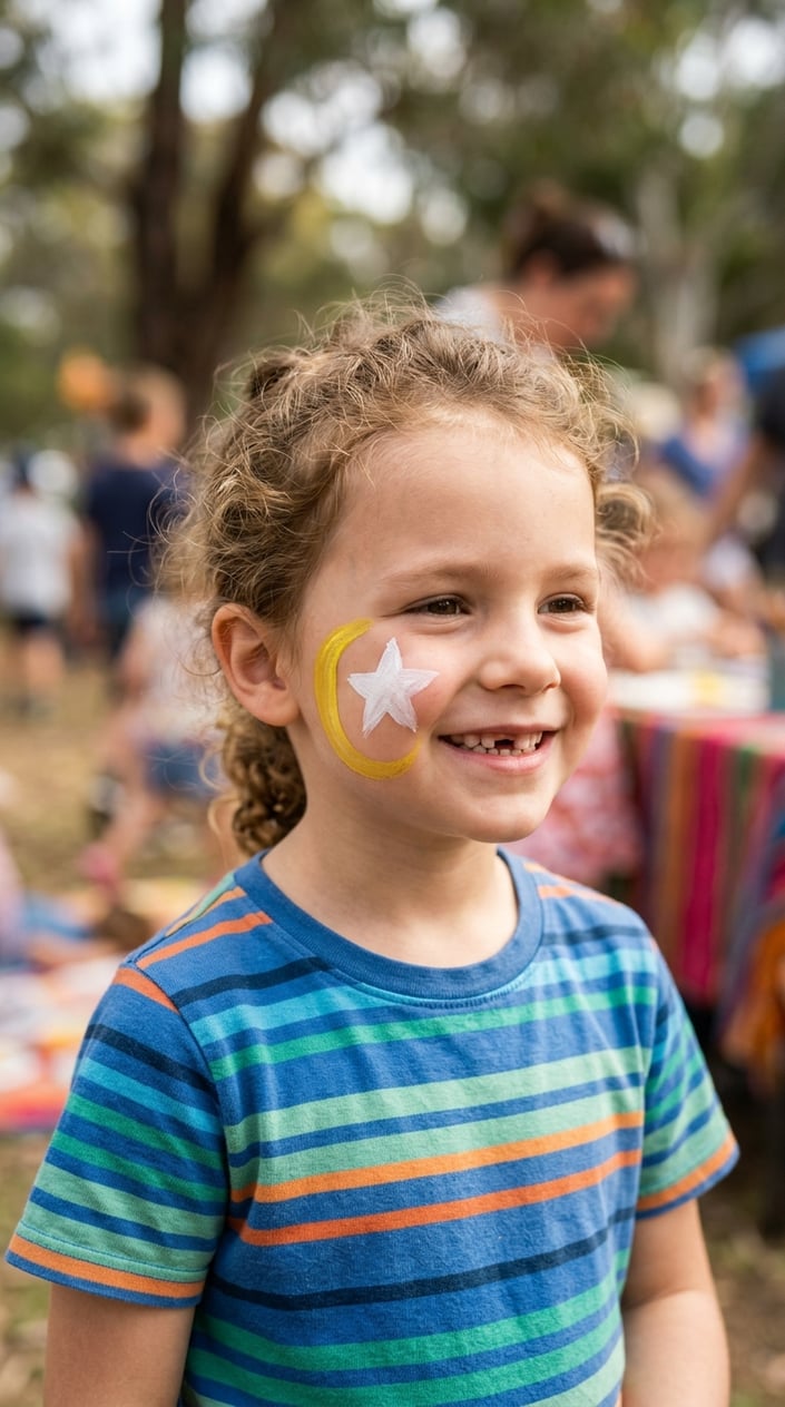 16 Easy Face Painting Ideas for Kids (That Don't Require a Set of Thirty Brushes) 6 A smiling child with a star and crescent moon painted on their cheek.