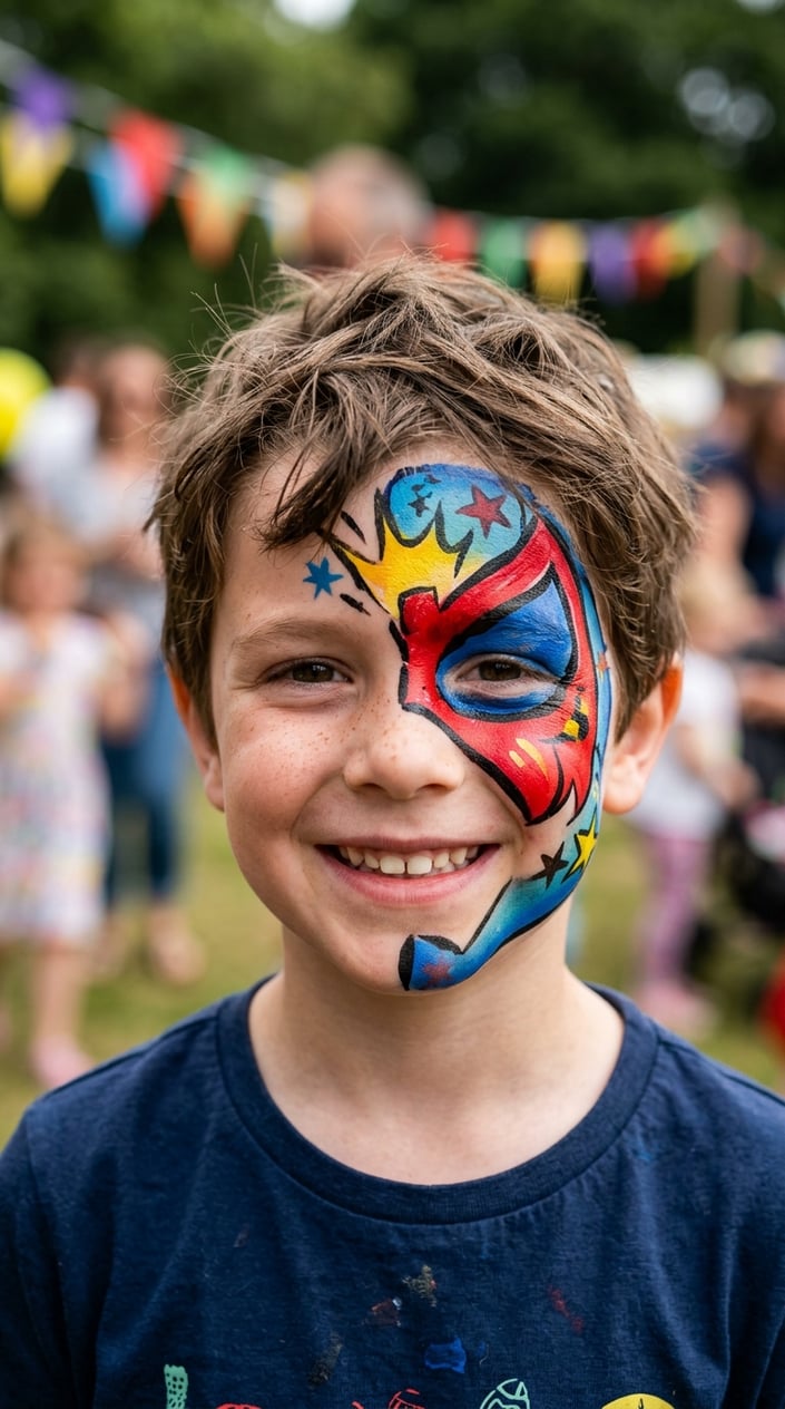 16 Easy Face Painting Ideas for Kids (That Don't Require a Set of Thirty Brushes) 7 Child with a brightly painted half-face superhero mask smiling at the camera.