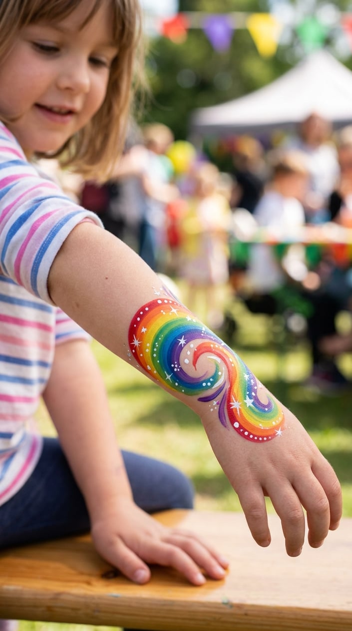 16 Easy Face Painting Ideas for Kids (That Don't Require a Set of Thirty Brushes) 8 A child's wrist painted with bright rainbow swirls against a softly blurred background.