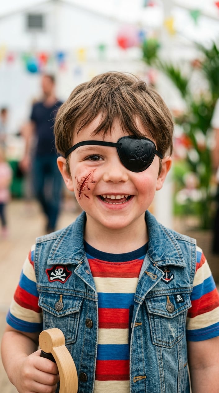 16 Easy Face Painting Ideas for Kids (That Don't Require a Set of Thirty Brushes) 9 A child wearing a pirate eye patch and a painted scar on their cheek, smiling.