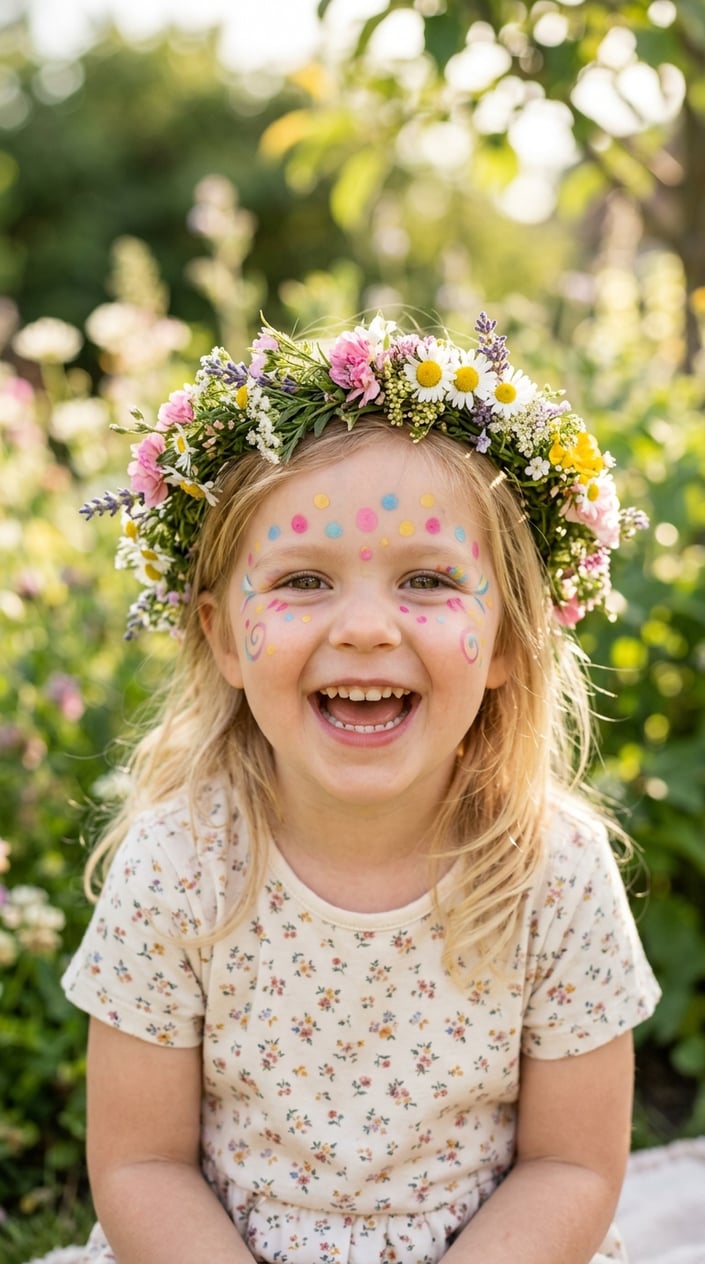 16 Easy Face Painting Ideas for Kids (That Don't Require a Set of Thirty Brushes) 10 A smiling child wearing a flower crown on their forehead with colorful face paint designs.