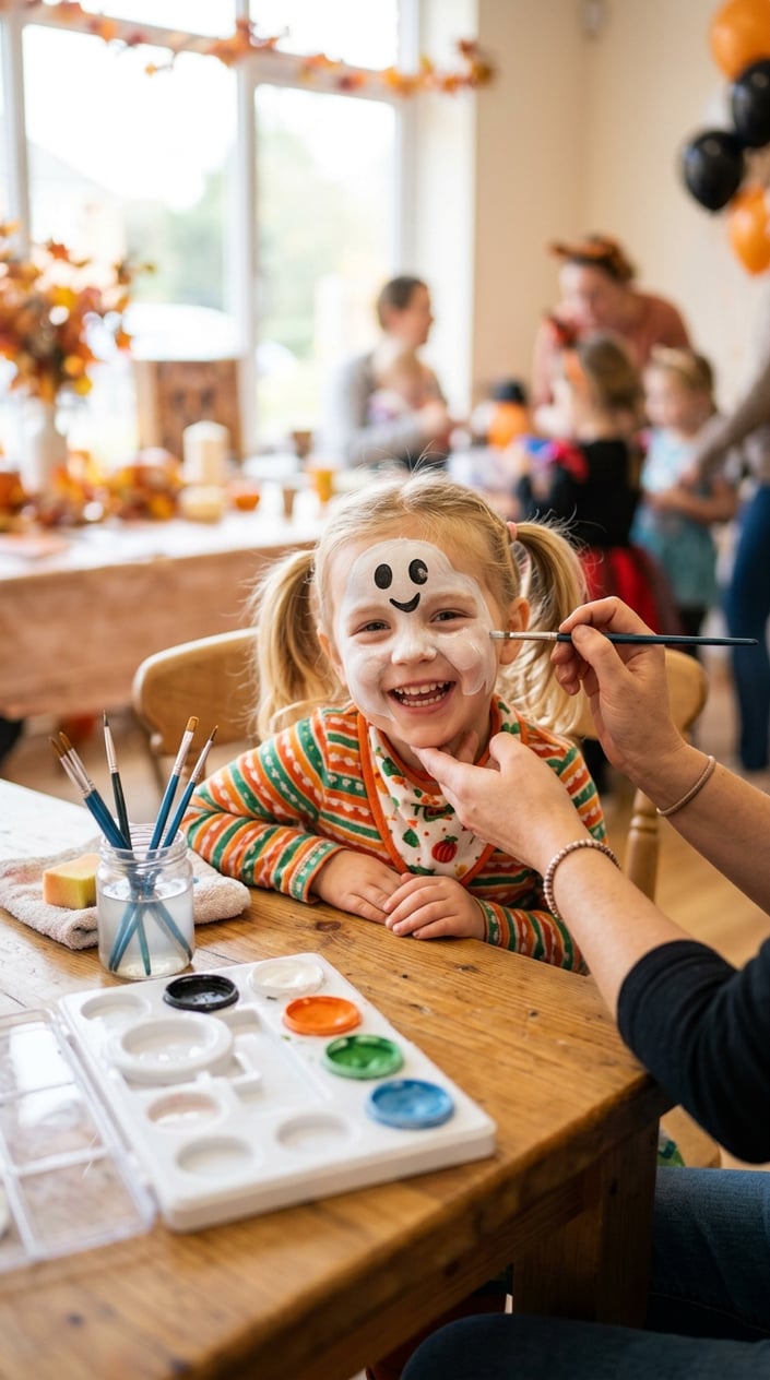 16 Easy Face Painting Ideas for Kids (That Don't Require a Set of Thirty Brushes) 11 A young child with a friendly ghost face paint design smiling while sitting at a table with face painting supplies.
