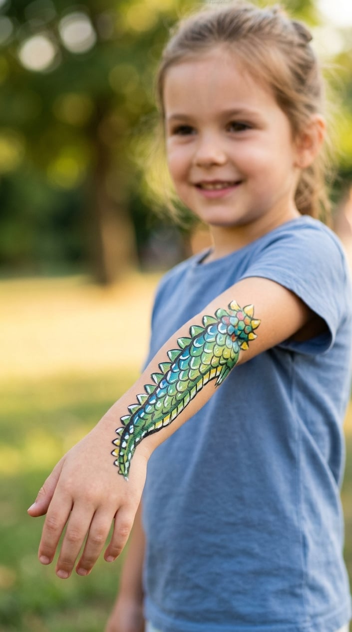 16 Easy Face Painting Ideas for Kids (That Don't Require a Set of Thirty Brushes) 12 A child's arm painted with a colorful dinosaur tail tip design against a blurred background.