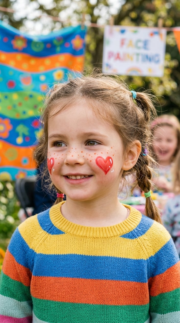 16 Easy Face Painting Ideas for Kids (That Don't Require a Set of Thirty Brushes) 13 A smiling child with heart-shaped face paint and freckles on their cheeks in a colorful, playful setting.