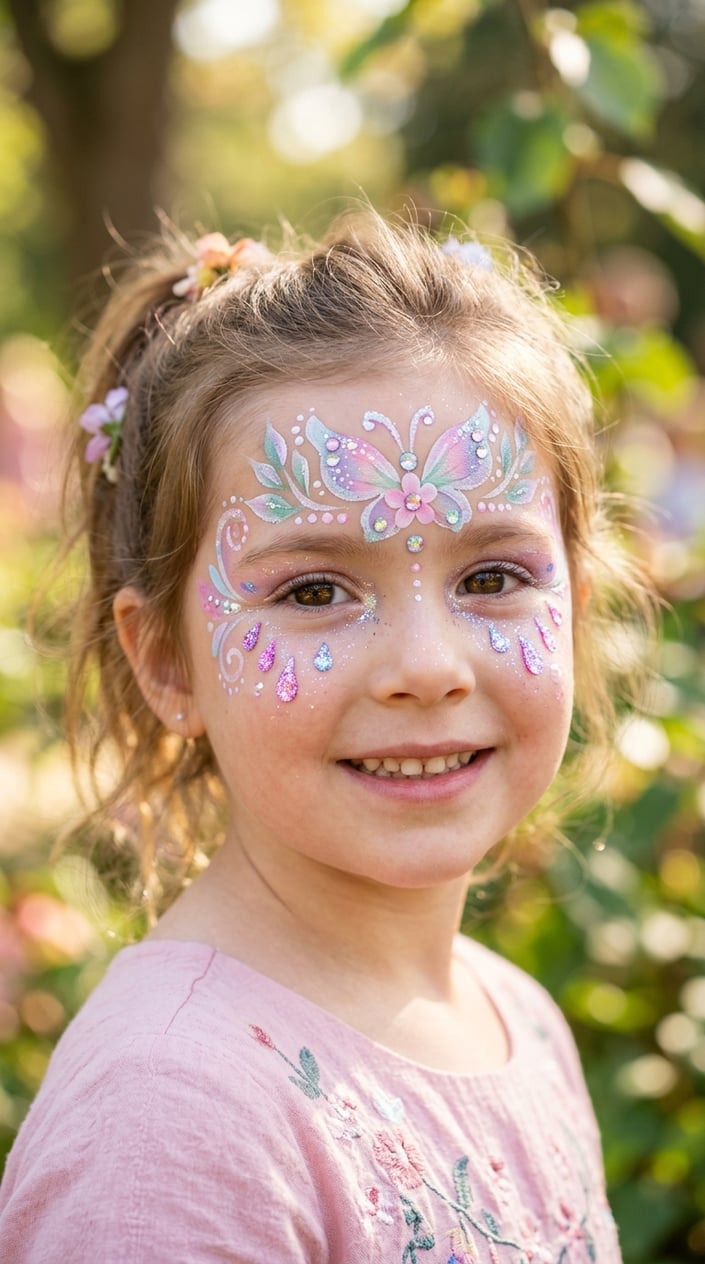 16 Easy Face Painting Ideas for Kids (That Don't Require a Set of Thirty Brushes) 14 Close-up of a smiling child with glittery fairy tear drop face paint under their eyes.