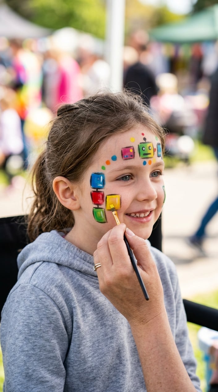 16 Easy Face Painting Ideas for Kids (That Don't Require a Set of Thirty Brushes) 15 A child smiling while an adult paints colorful robot panel squares on their face using a single brush.