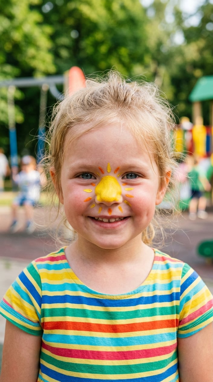 16 Easy Face Painting Ideas for Kids (That Don't Require a Set of Thirty Brushes) 16 Close-up of a smiling child with bright sunshine face paint on their nose outdoors.