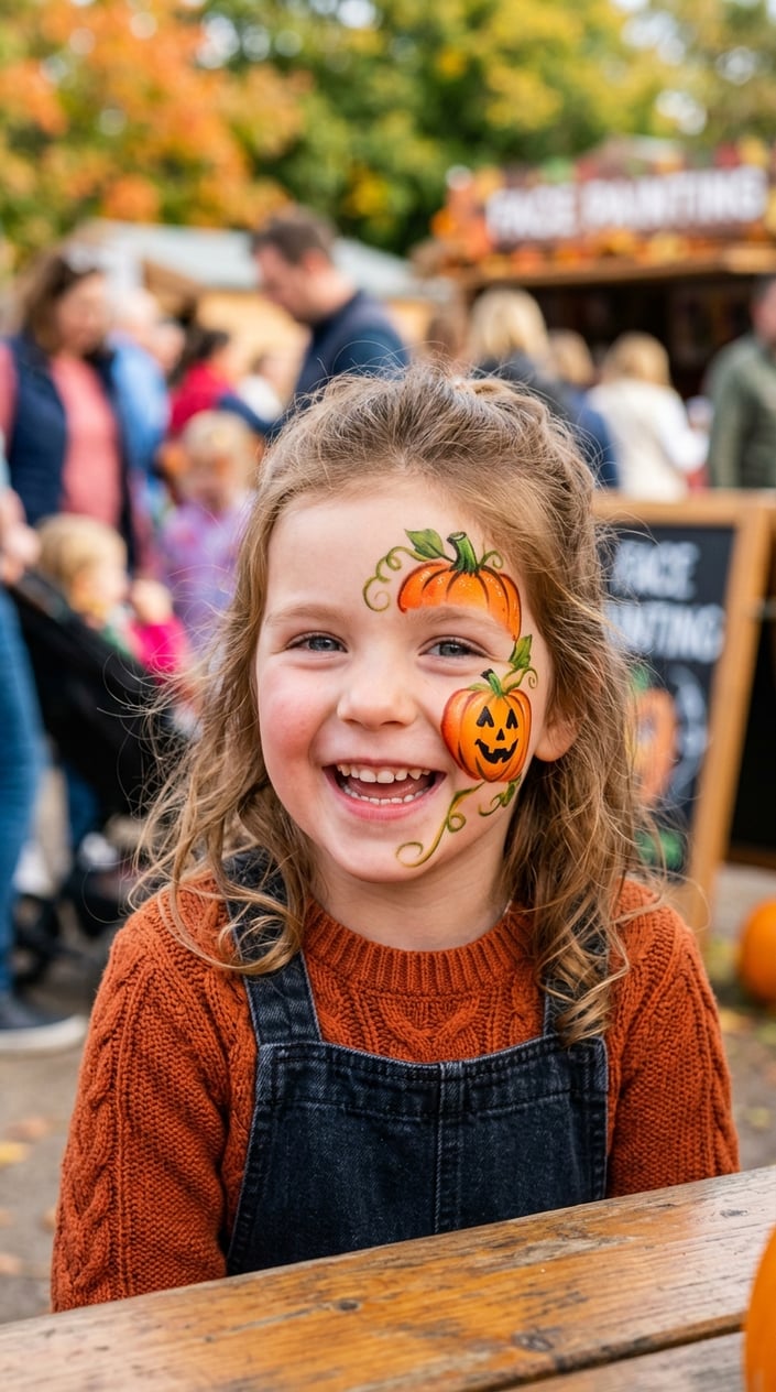 16 Easy Face Painting Ideas for Kids (That Don't Require a Set of Thirty Brushes) 18 A smiling child with a pumpkin face painting on their chin.