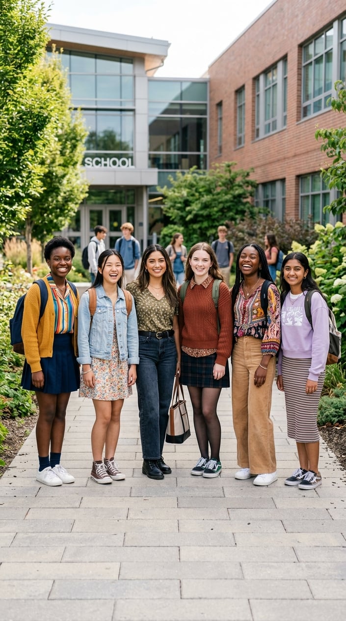 A group of teenage girls standing outside a school, each wearing different stylish school outfits and smiling together.