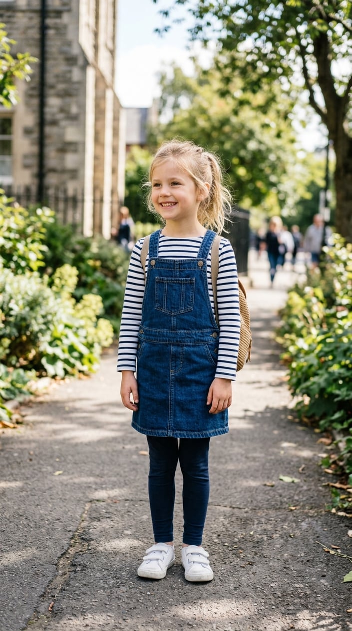 A young girl standing outdoors wearing a striped shirt and denim pinafore dress, smiling with a blurred background.