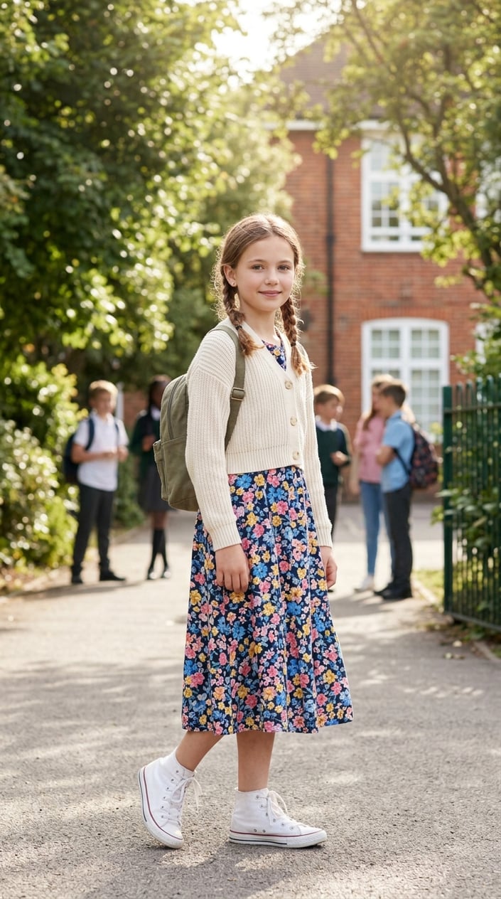 A young girl standing outdoors wearing a cropped cardigan over a floral midi dress.