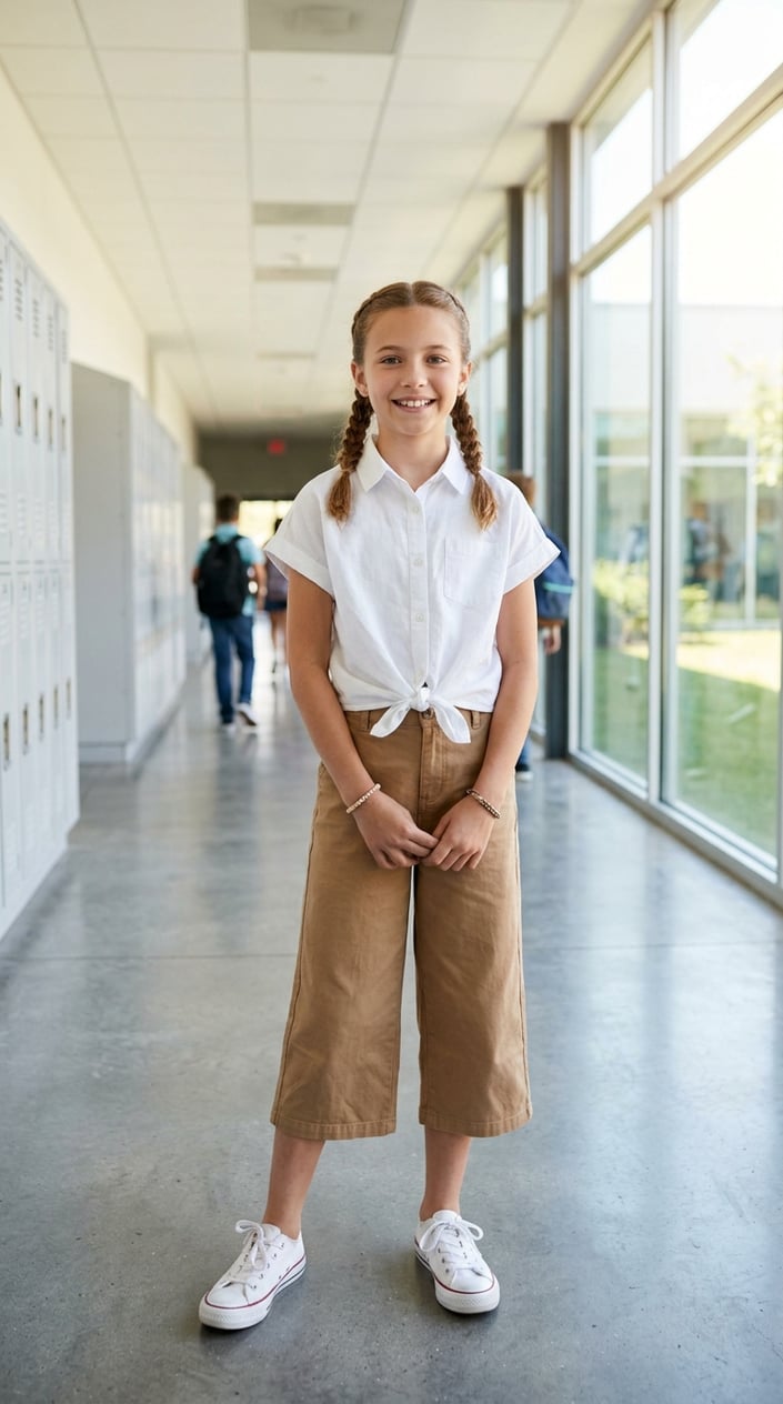 A young girl standing in a school hallway wearing a white button-down shirt tied at the waist and loose-fitting culottes.
