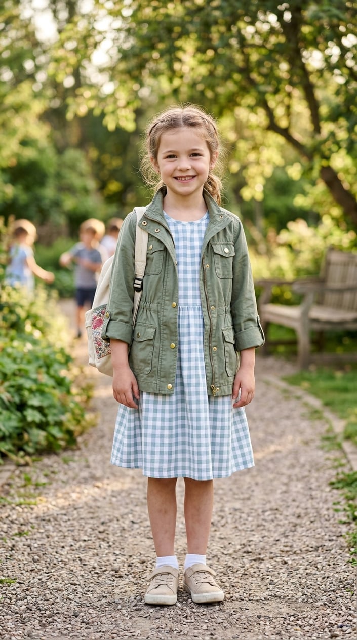 A young girl outdoors wearing a lightweight utility jacket over a gingham dress, smiling and standing in a natural setting.