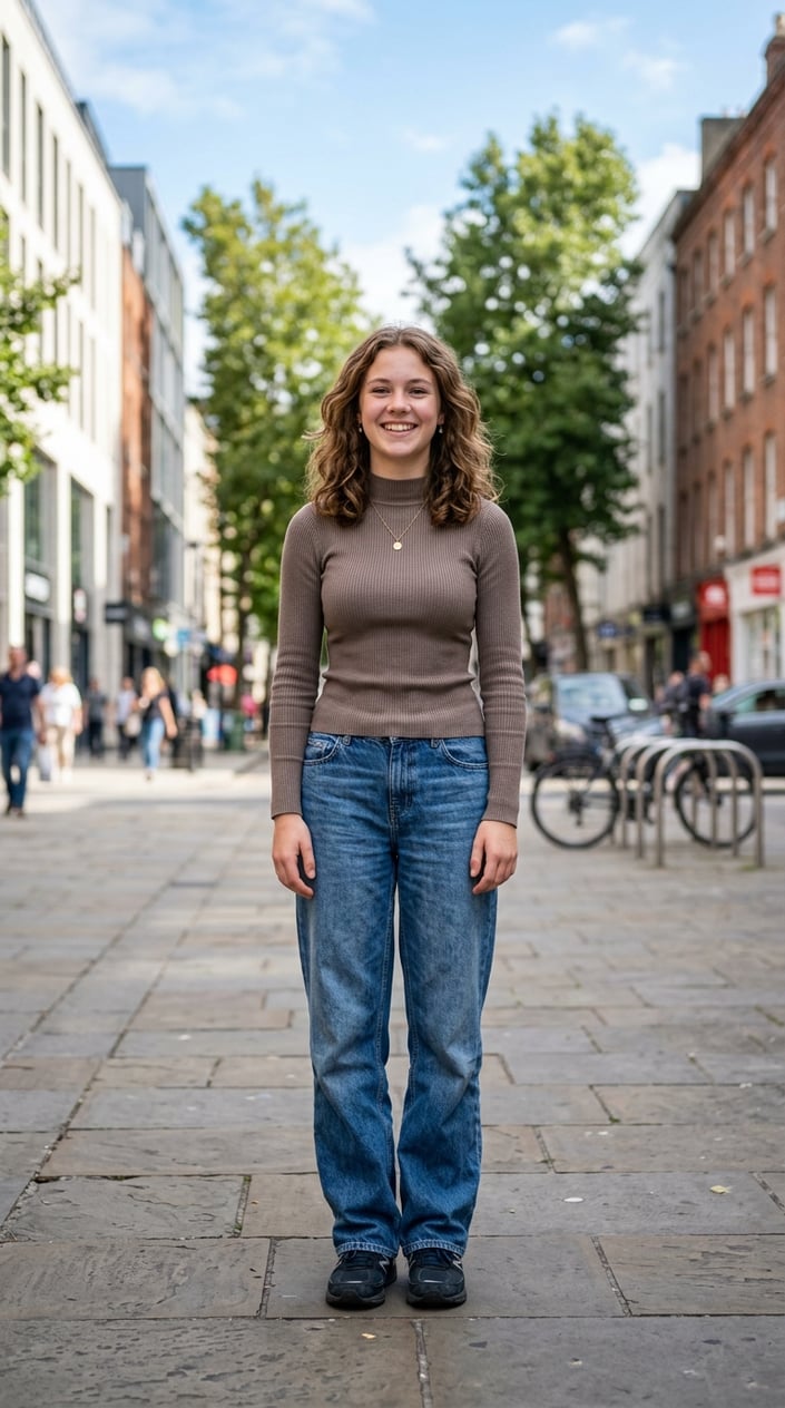 A teenage girl standing outdoors wearing a ribbed mock-neck top and wide-leg jeans.