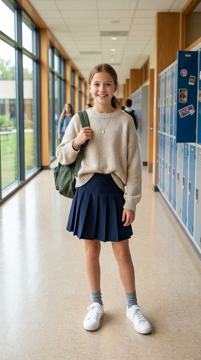 A girl standing in a school hallway wearing an oversized sweater half-tucked into a pleated skirt.