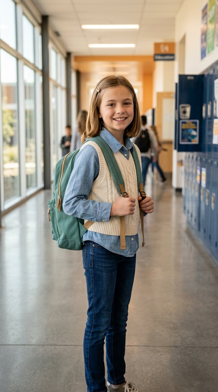 A young girl standing in a school hallway wearing a chambray shirt layered under a knit vest.
