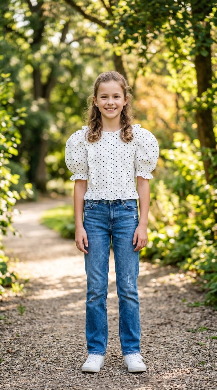 A young girl outdoors wearing a white polka dot puff-sleeve blouse and straight-leg blue jeans, smiling with greenery in the background.