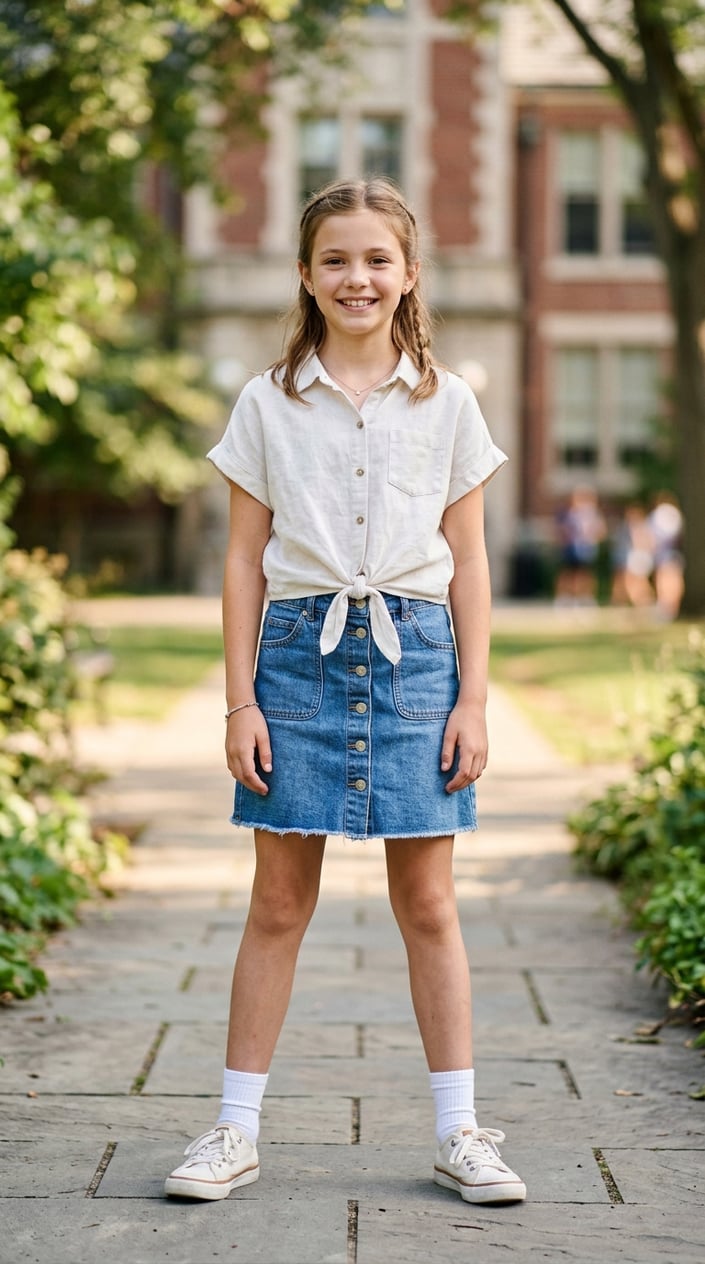 A young girl standing outdoors wearing a tie-front linen shirt and a denim skirt, smiling gently.