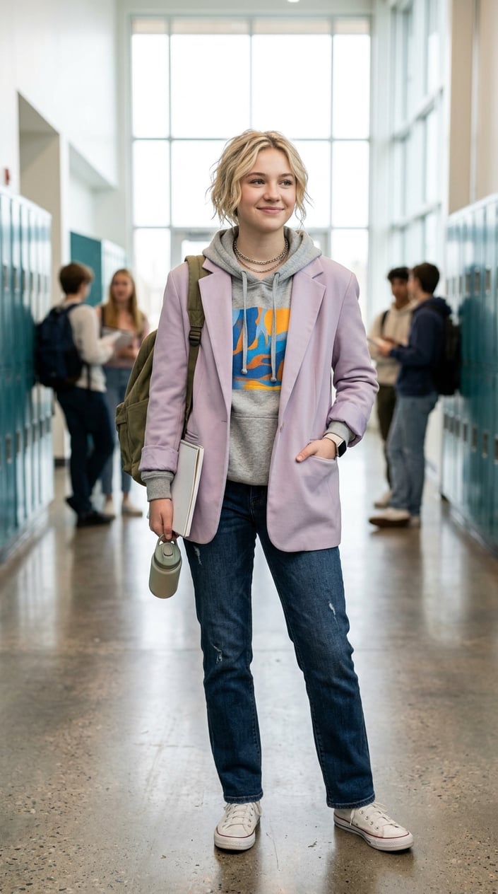 Teenage girl wearing a blazer over a graphic hoodie standing in a school hallway.