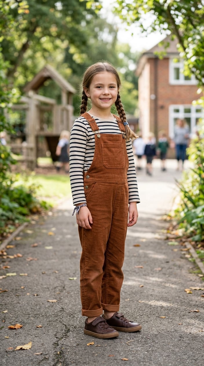 A young girl wearing a striped long-sleeve shirt and corduroy overalls standing outdoors with a blurred green background.