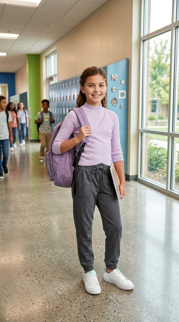 A young girl standing in a school hallway wearing a knit top and tapered joggers, smiling with a backpack over one shoulder.