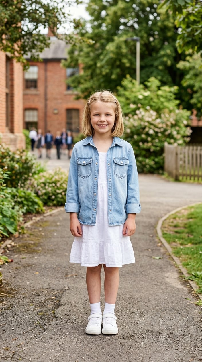 A young girl standing outdoors wearing a denim jacket over a white dress with a ruffle hem.