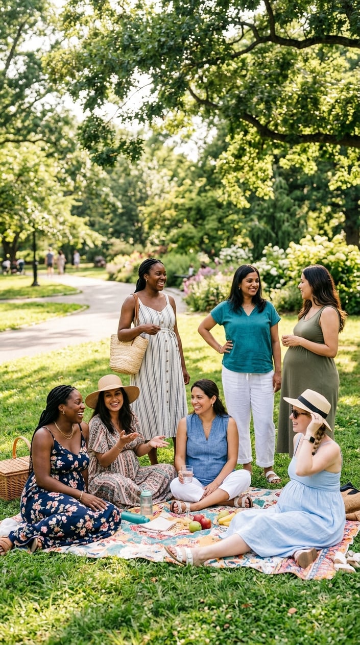 A group of pregnant women outdoors in summer clothing, enjoying a sunny day in a park.