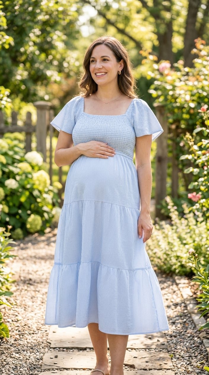 Pregnant woman standing outdoors wearing a light cotton smocked midi dress on a sunny summer day.
