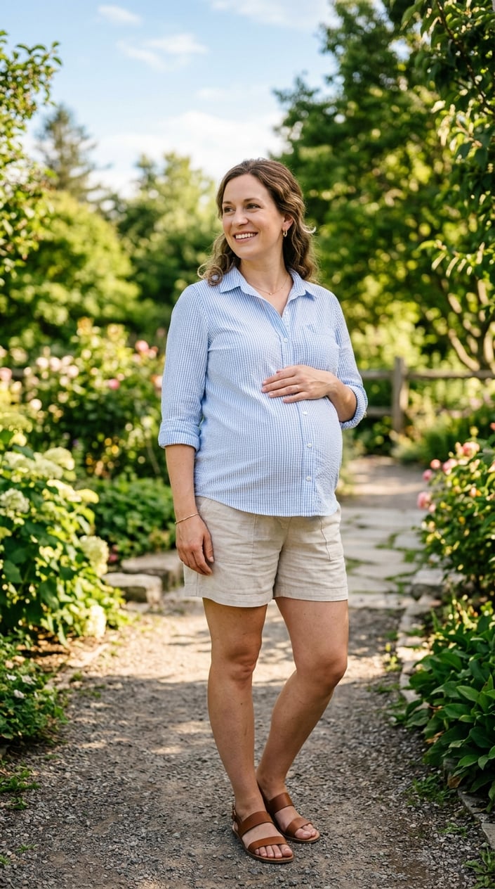 Pregnant woman outdoors wearing a striped button-down shirt and maternity shorts, gently holding her baby bump and smiling.