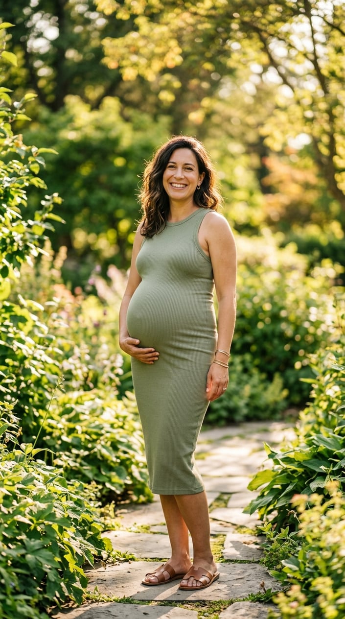 Pregnant woman outdoors wearing a ribbed tank dress, gently holding her baby bump on a sunny summer day.