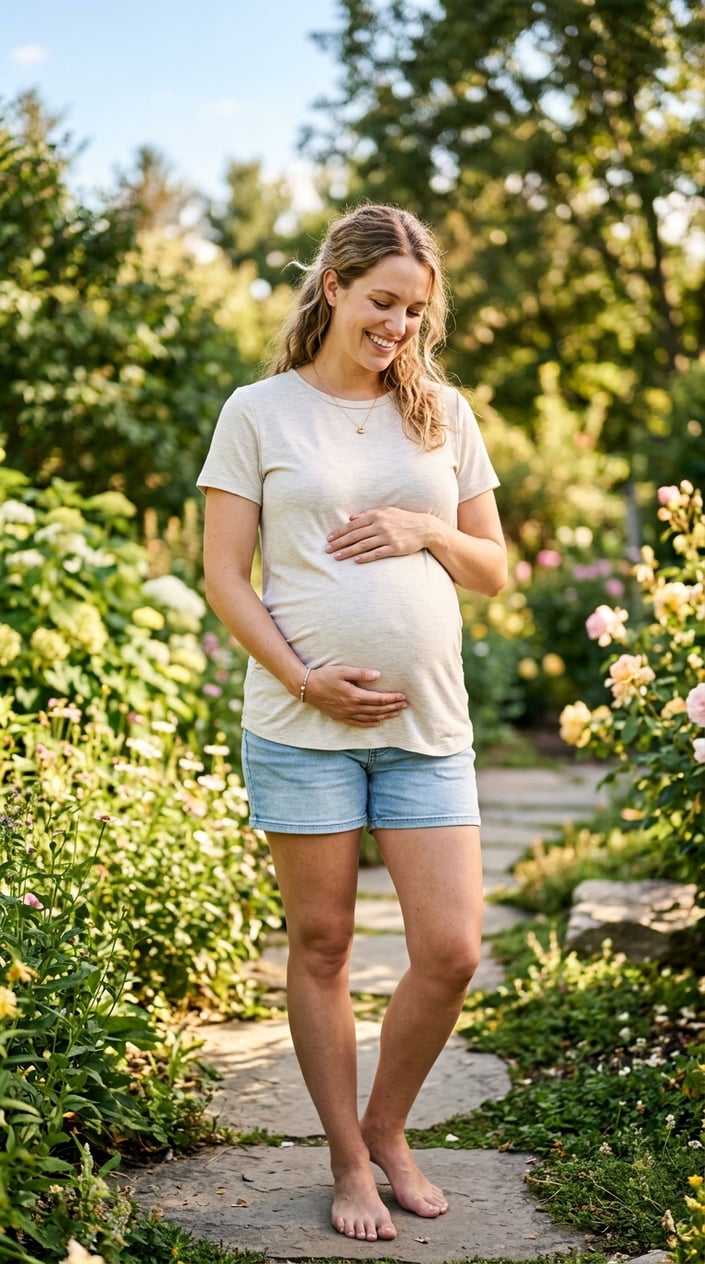 Pregnant woman outdoors wearing a light breathable nursing tee, gently holding her baby bump in warm sunlight.