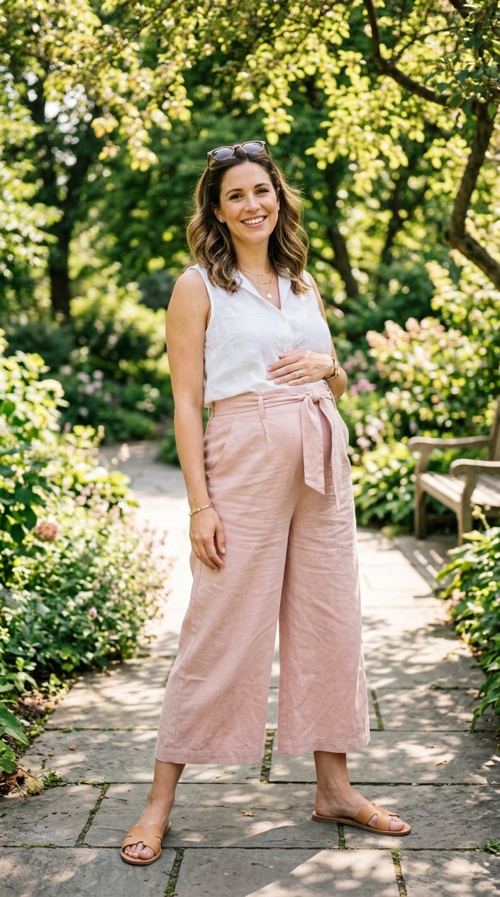 Pregnant woman standing outdoors wearing pink high-waist culottes and a white top on a sunny summer day.