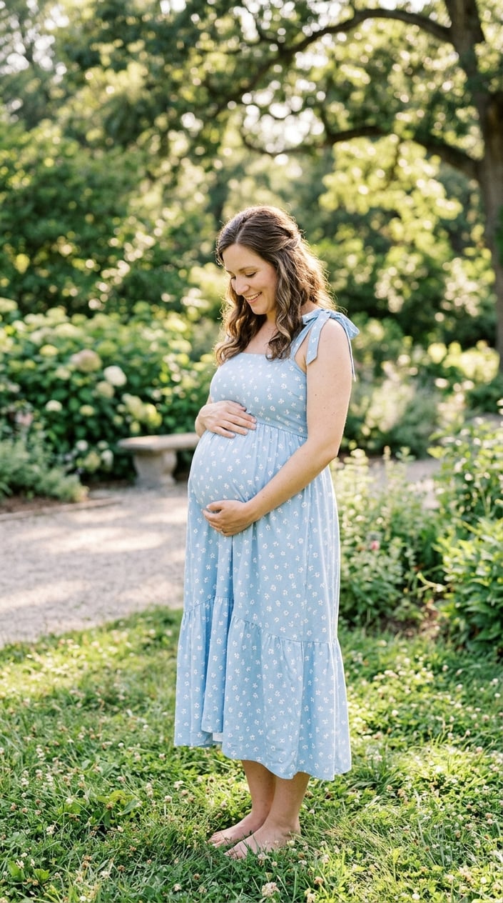 Pregnant woman outdoors wearing a flowy sundress, gently holding her baby bump on a sunny summer day.