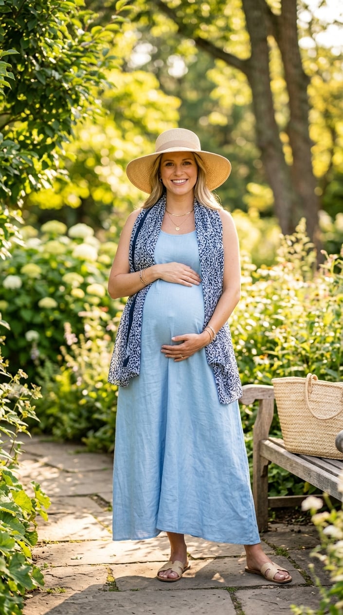 Pregnant woman outdoors wearing a wide-brim straw hat and a UPF scarf on a sunny summer day, gently holding her baby bump.