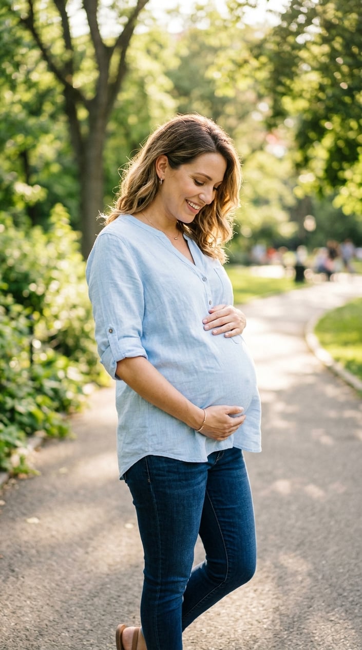 Pregnant woman outdoors wearing a light shirt with rolled-up sleeves, gently holding her belly and smiling.