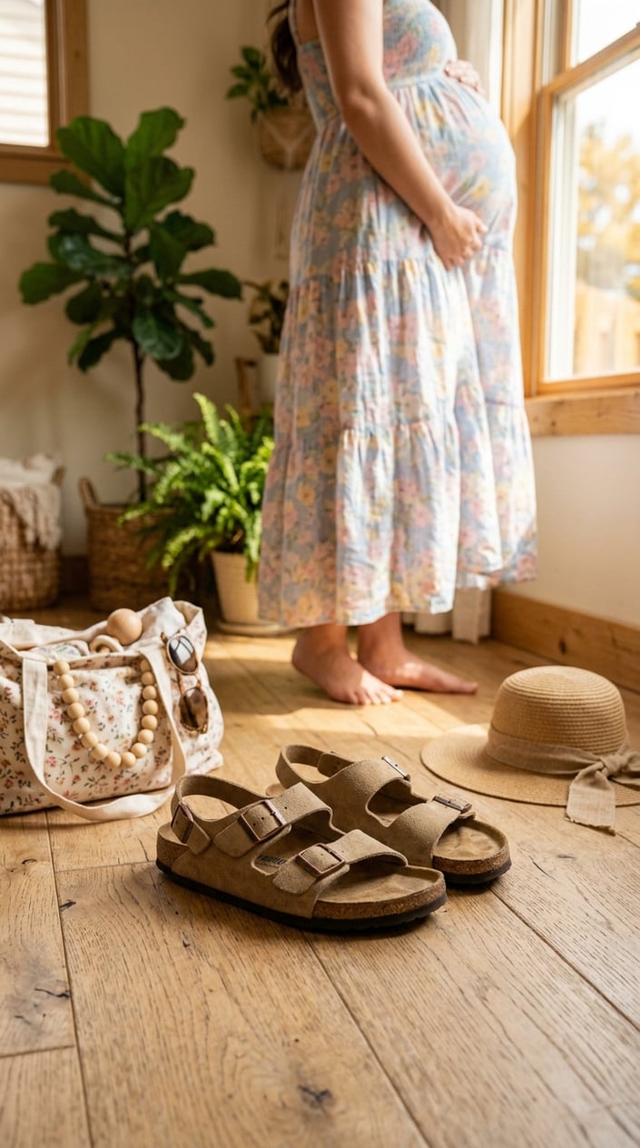 A pair of Birkenstock Arizona sling sandals with arch support placed on a wooden floor next to a woman wearing a light summer maternity dress.