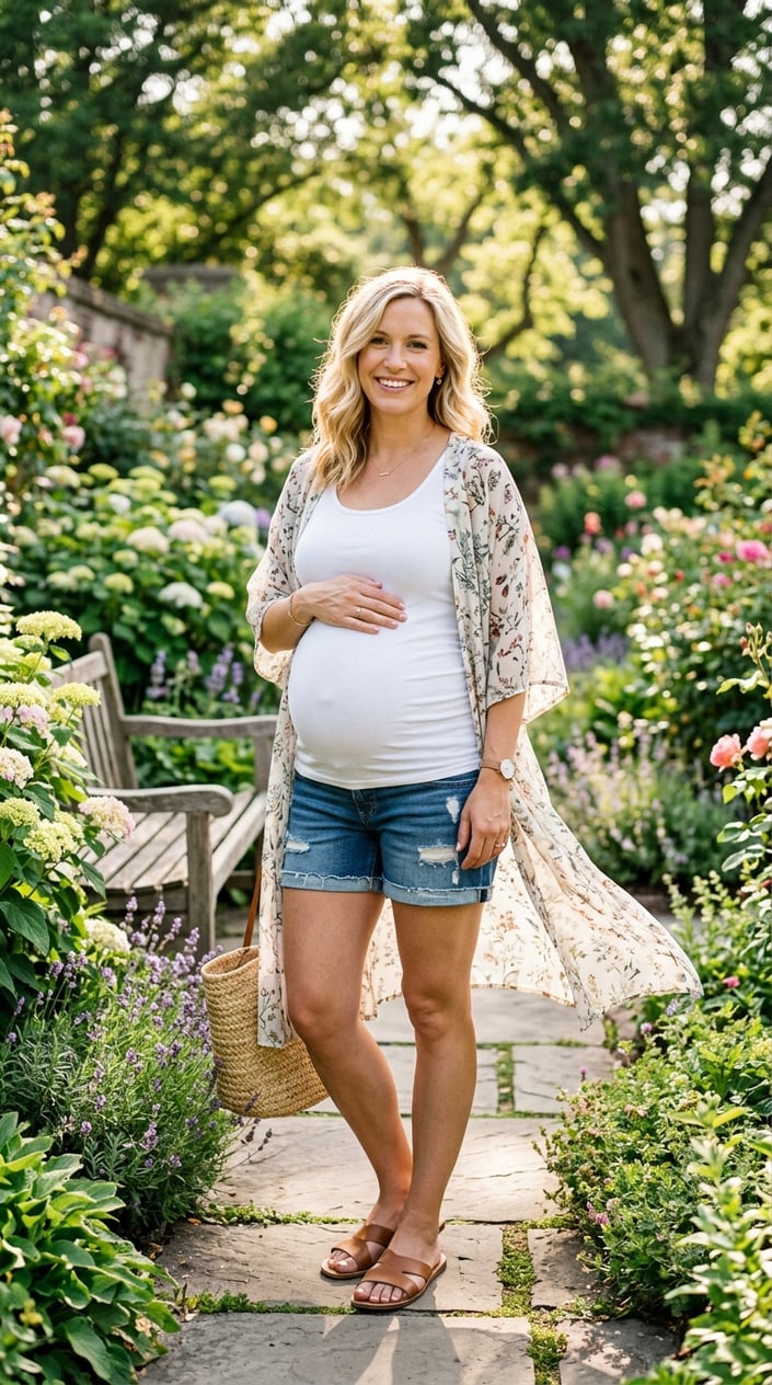 Pregnant woman outdoors wearing a lightweight kimono cover-up, gently holding her baby bump on a sunny summer day.
