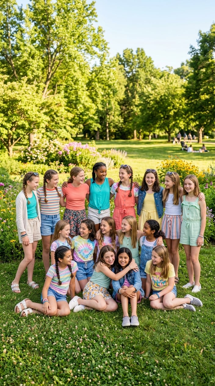 A group of 18 tween girls wearing different summer outfits outdoors in a sunny park.