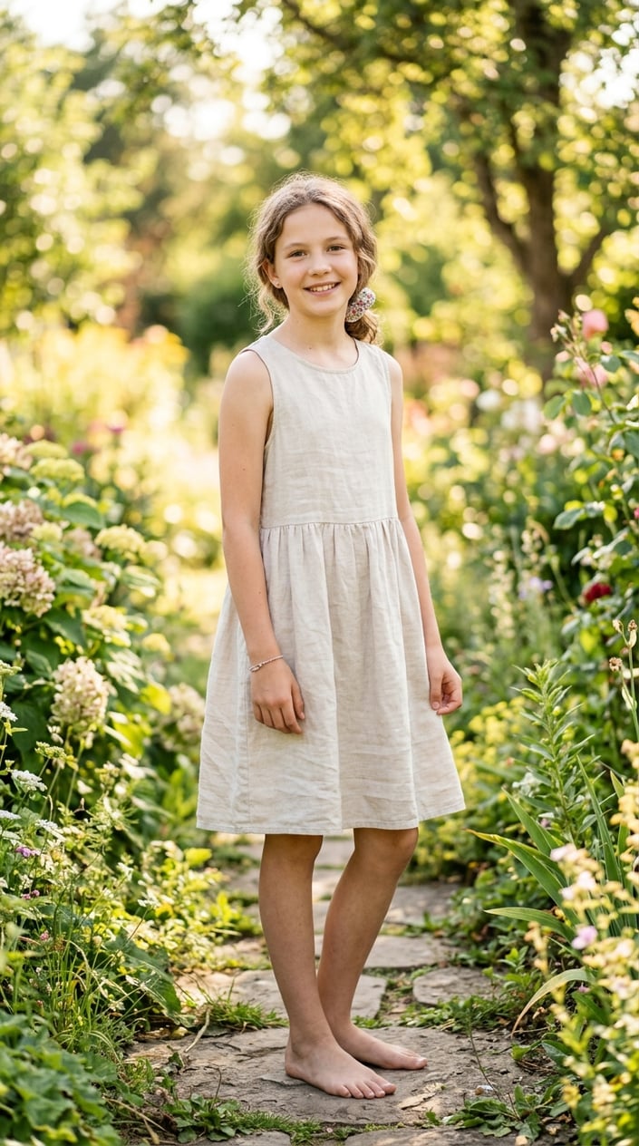 A tween girl standing outdoors wearing a lightweight linen dress on a sunny summer day.