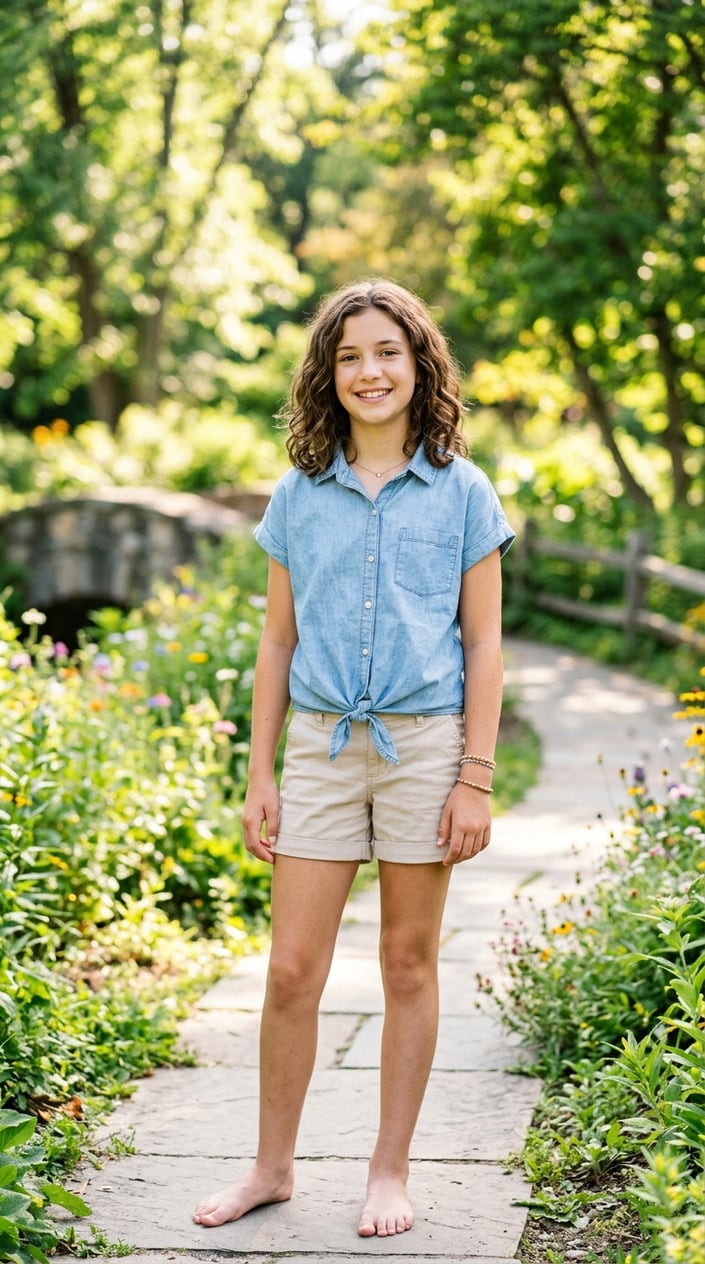 A tween girl standing outside on a sunny day wearing a light blue tie-front shirt and smiling.