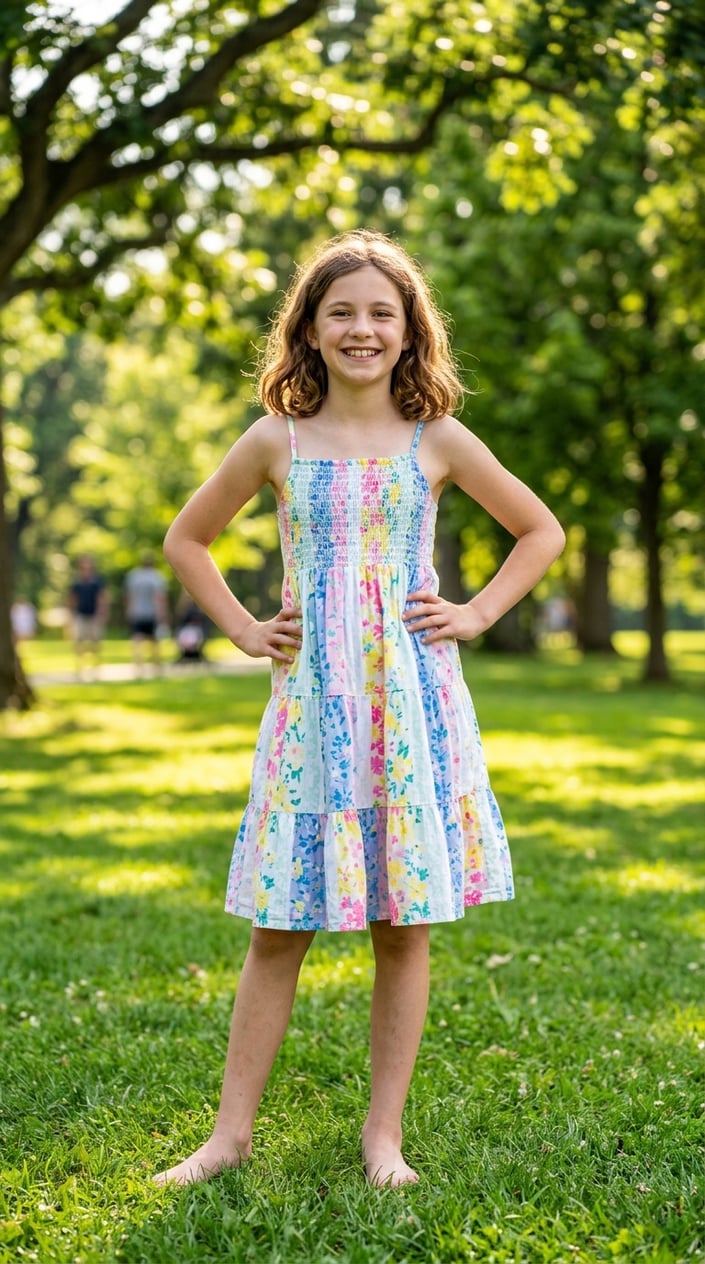 A smiling tween girl wearing a colorful smocked sundress standing barefoot in a sunny green park.