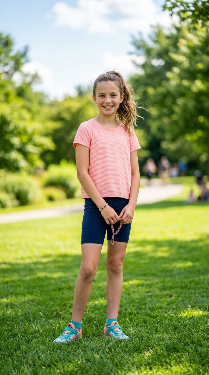 A tween girl standing outdoors in a park wearing colorful bike shorts and a light summer top.